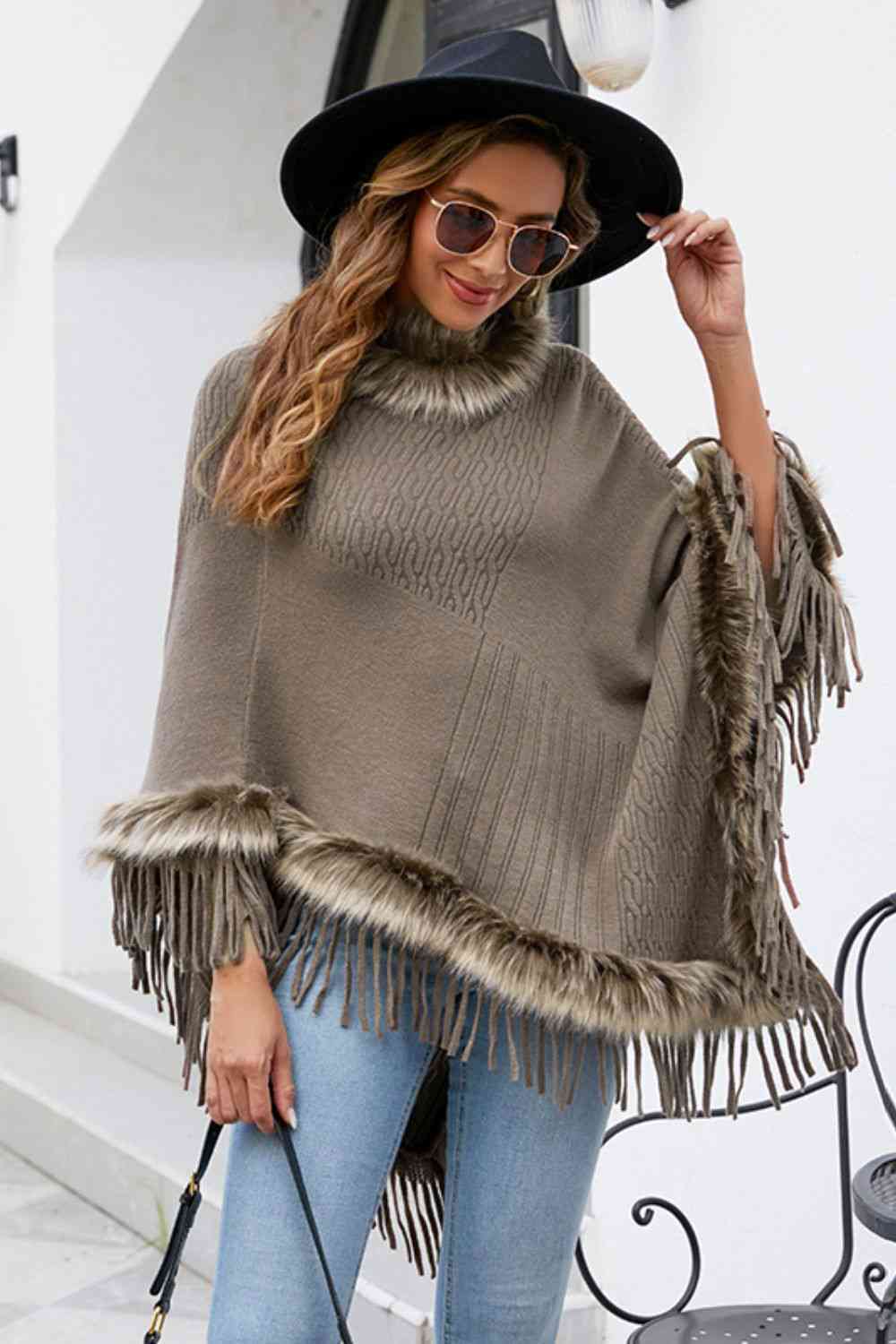 Faux Fur Trim Fringed Poncho - Premium   - Just $42.95! Shop now at LACEDUPED