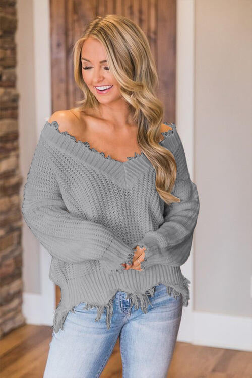 Frayed Hem Dropped Shoulder Sweater - Premium   - Just $43.95! Shop now at LACEDUPED