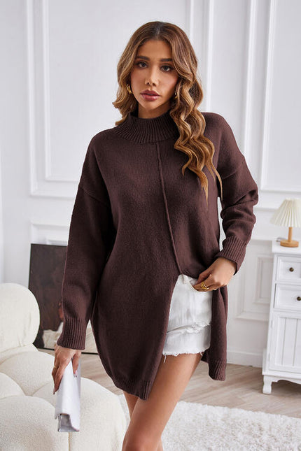 Exposed Seam Mock Neck Slit Sweater - Premium   - Just $58.95! Shop now at LACEDUPED