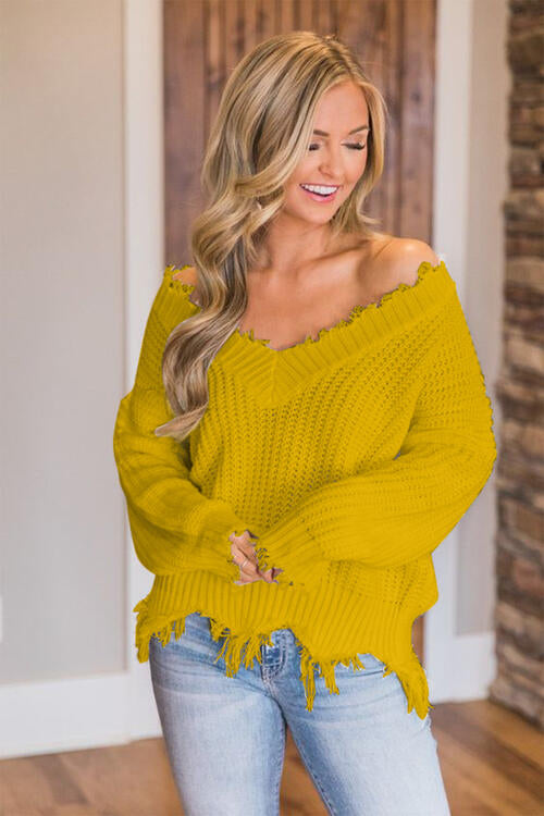 Frayed Hem Dropped Shoulder Sweater - Premium   - Just $43.95! Shop now at LACEDUPED