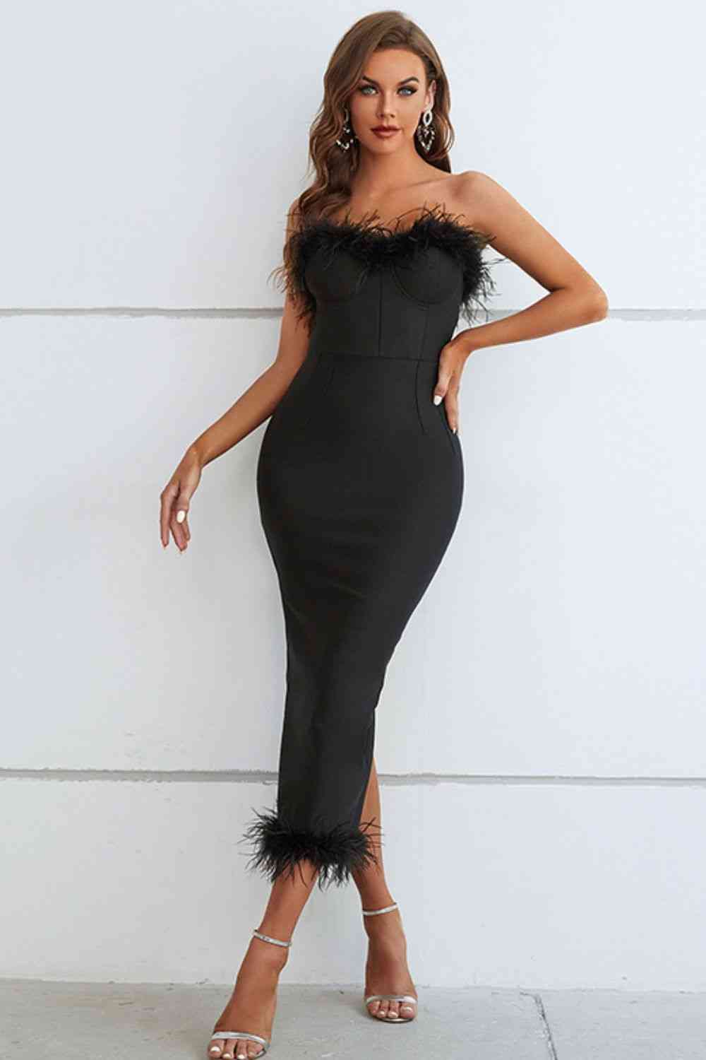 Feather Trim Strapless Sweetheart Neck Dress - LACEDUPED