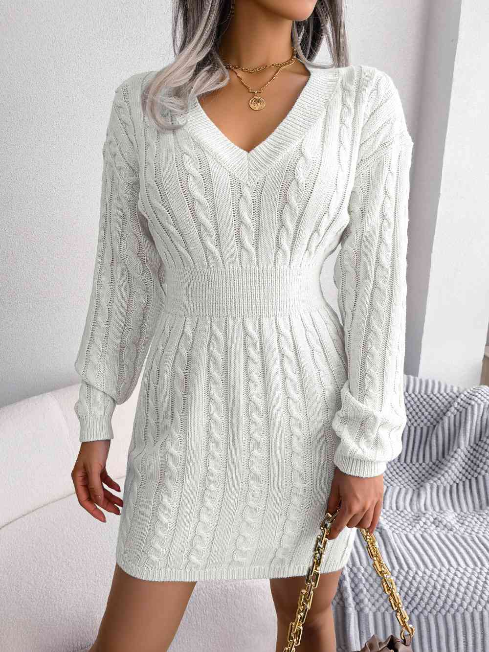 Cable-Knit V-Neck Mini Sweater Dress - Premium   - Just $42.36! Shop now at LACEDUPED