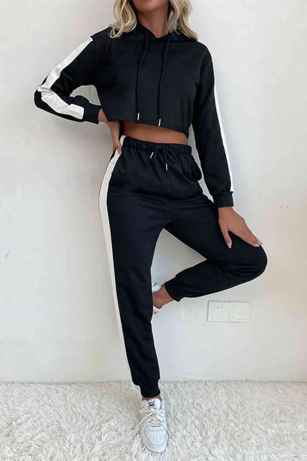 Side Stripe Cropped Hoodie and Jogger Set - Premium   - Just $72.95! Shop now at LACEDUPED