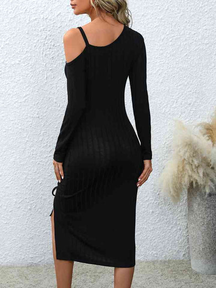 Asymmetrical Neck Drawstring Slit Dress - LACEDUPED