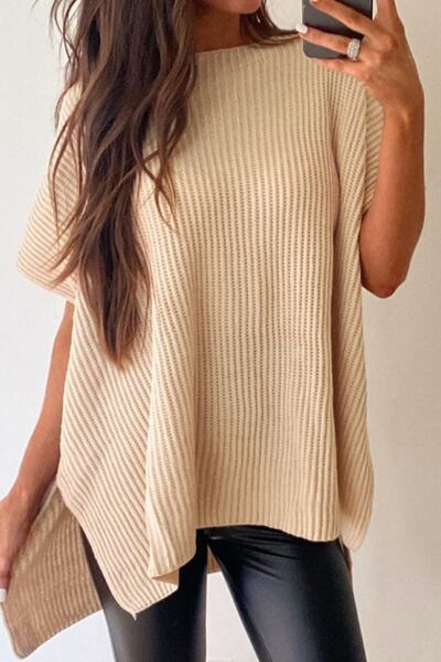 Waffle-Knit Slit Short Sleeve Sweater - Premium   - Just $43.95! Shop now at LACEDUPED