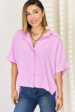 Zenana Texture Button Up Short Sleeve High-Low Shirt - Premium   - Just $39.95! Shop now at LACEDUPED