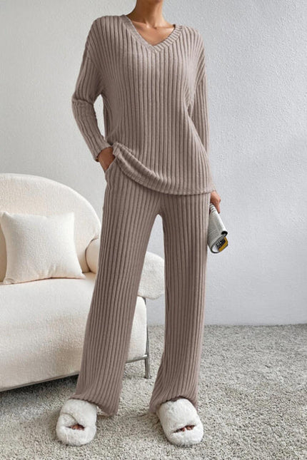 Ribbed V-Neck Top and Pants Set - Premium   - Just $62.95! Shop now at LACEDUPED