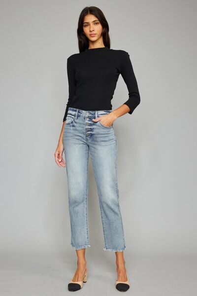 Kancan High Waist Button Fly Raw Hem Cropped Straight Jeans - Premium   - Just $79.95! Shop now at LACEDUPED