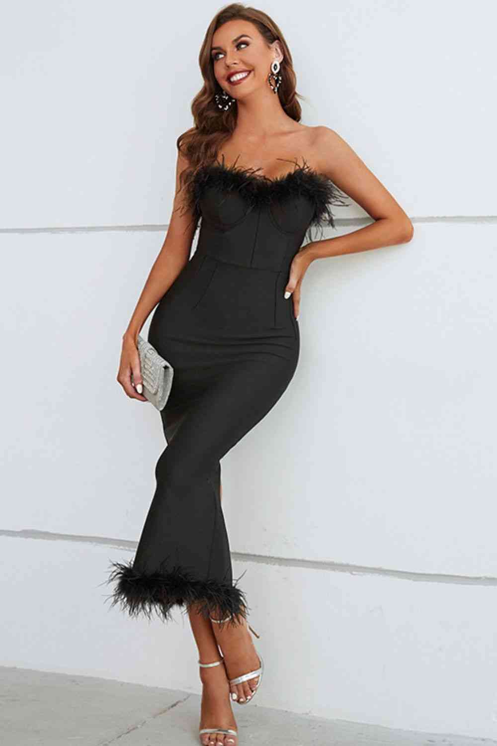 Feather Trim Strapless Sweetheart Neck Dress - LACEDUPED