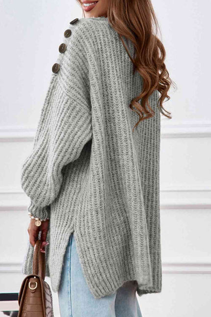 Buttoned Boat Neck Slit Sweater - Premium   - Just $82.95! Shop now at LACEDUPED