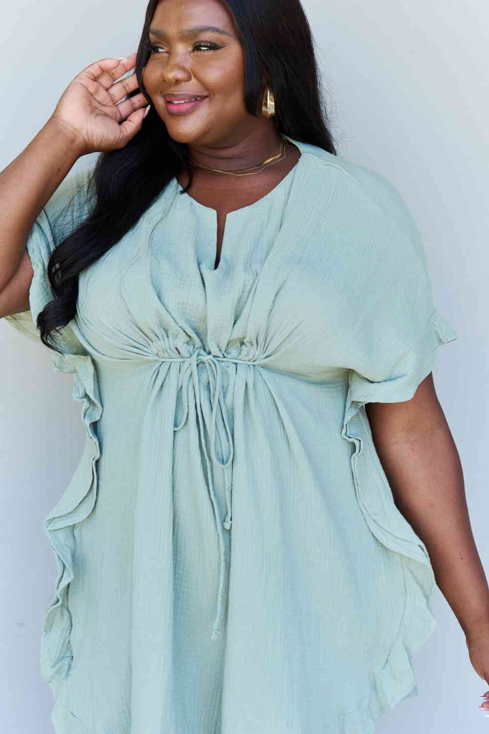 Ninexis Out Of Time Full Size Ruffle Hem Dress with Drawstring Waistband in Light Sage - Premium   - Just $27.95! Shop now at LACEDUPED