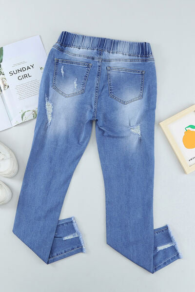 Drawstring Distressed Raw Hem Jeans with Pockets - Premium   - Just $72.95! Shop now at LACEDUPED