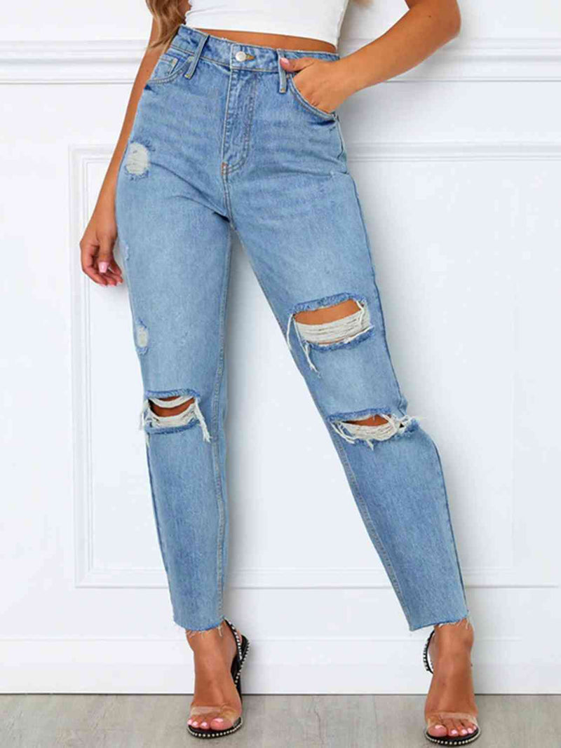 Distressed High Waist Straight Jeans - Premium   - Just $54.95! Shop now at LACEDUPED