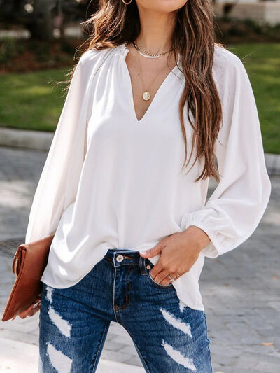 Ruched Notched Balloon Sleeve Blouse - Premium   - Just $46.95! Shop now at LACEDUPED