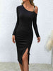 Asymmetrical Neck Drawstring Slit Dress - LACEDUPED