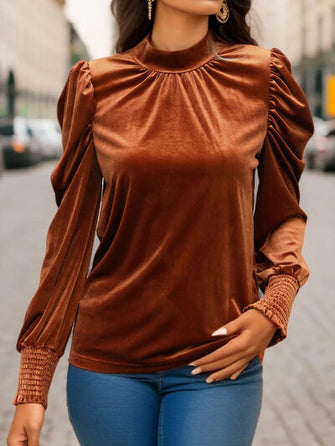 Tied Mock Neck Puff Sleeve Blouse - Premium   - Just $39.95! Shop now at LACEDUPED