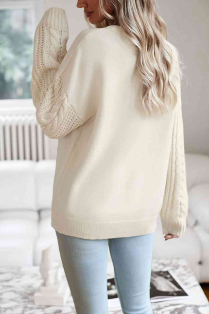 Cable-Knit Round Neck Drop Shoulder Sweater - Premium   - Just $54.95! Shop now at LACEDUPED