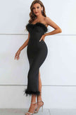 Feather Trim Strapless Sweetheart Neck Dress - LACEDUPED