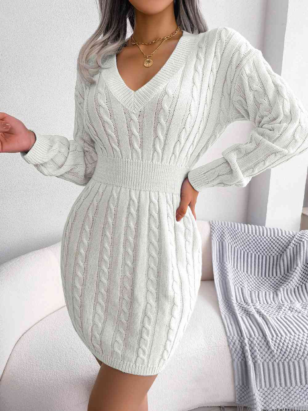 Cable-Knit V-Neck Mini Sweater Dress - Premium   - Just $42.36! Shop now at LACEDUPED