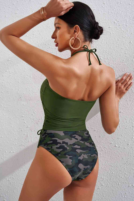 Drawstring Ruched Halter Neck Swim Top and Camouflage Bottoms Set - Premium   - Just $43.95! Shop now at LACEDUPED