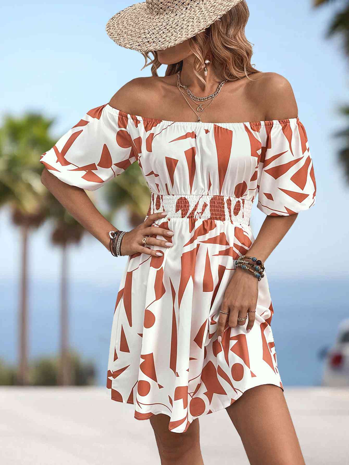 Printed Off-Shoulder Smocked Waist Dress - Premium   - Just $38.95! Shop now at LACEDUPED