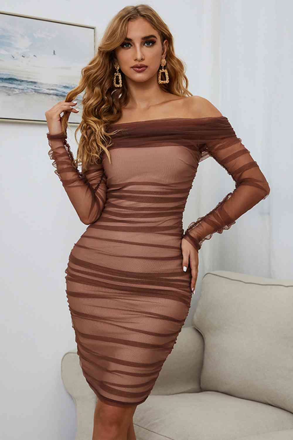 Off-Shoulder Ruched Long Sleeve Tulle Dress - Premium   - Just $135.95! Shop now at LACEDUPED