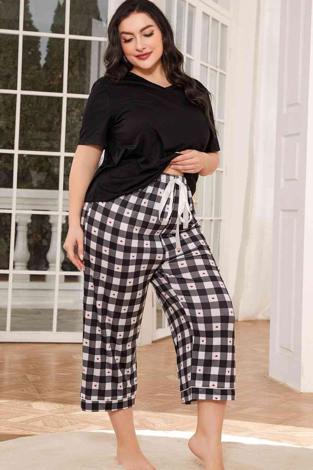 V-Neck Tee and Plaid Cropped Pants Lounge Set - Premium   - Just $50.95! Shop now at LACEDUPED