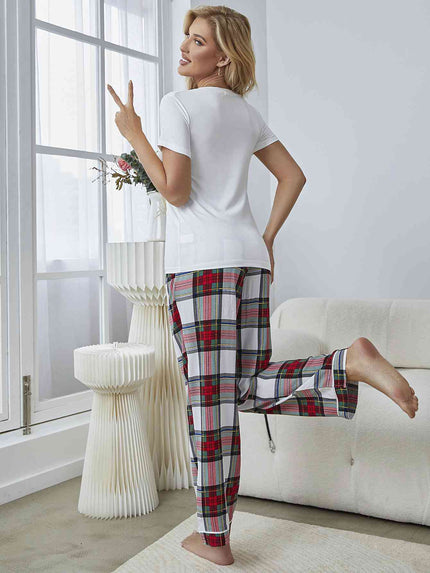 V-Neck Tee and Plaid Pants Lounge Set - Premium   - Just $45.95! Shop now at LACEDUPED