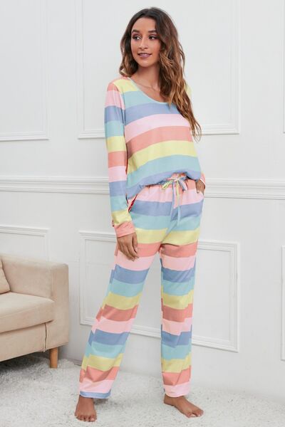 Striped Round Neck Long Sleeve Top and Drawstring Pants Lounge Set - Premium   - Just $53.95! Shop now at LACEDUPED