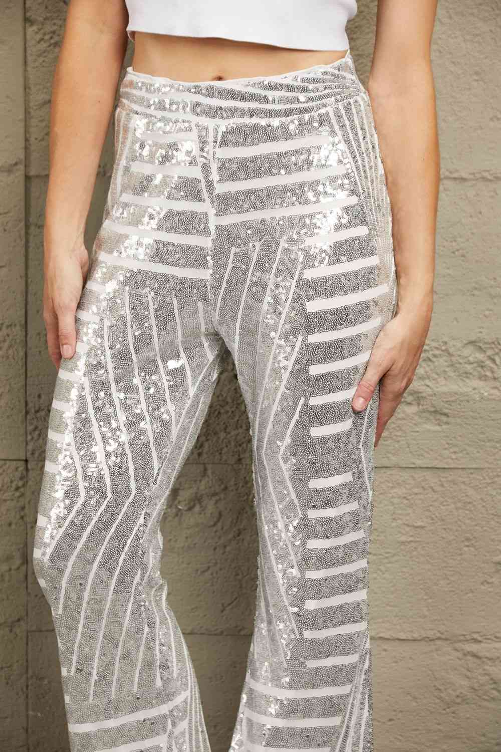 Double Take Sequin High Waist Flared Pants - Premium   - Just $78.95! Shop now at LACEDUPED