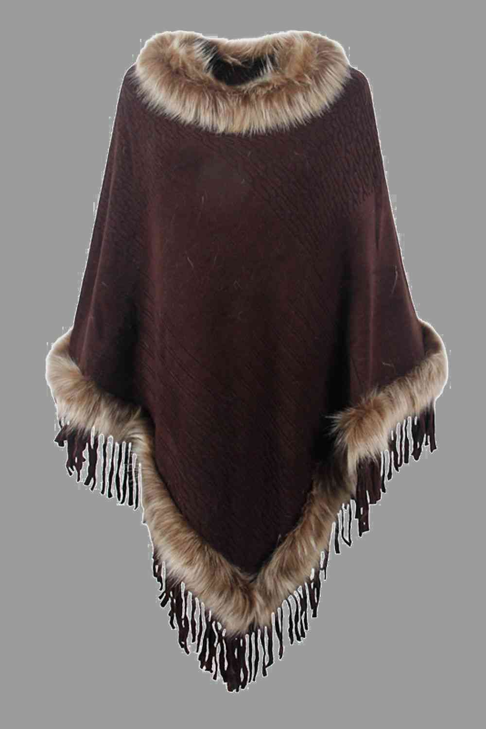 Faux Fur Trim Fringed Poncho - Premium   - Just $42.95! Shop now at LACEDUPED