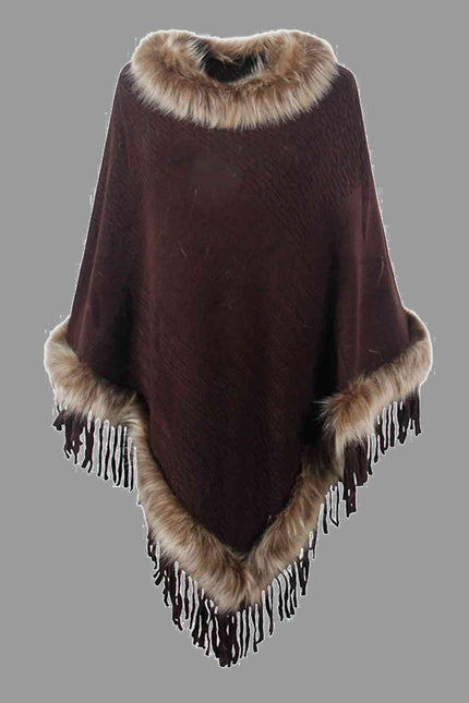 Faux Fur Trim Fringed Poncho - Premium   - Just $42.95! Shop now at LACEDUPED