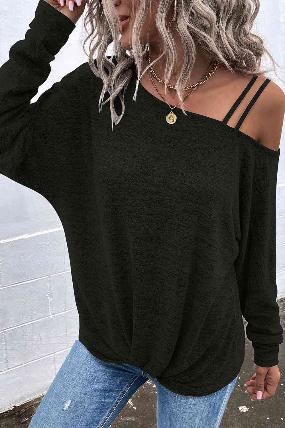 Asymmetrical Neck Long Sleeve Top - Premium   - Just $34.95! Shop now at LACEDUPED