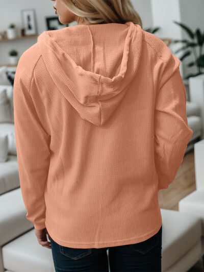 Waffle-Knit Drawstring Quarter Button Hoodie - Premium   - Just $34.95! Shop now at LACEDUPED