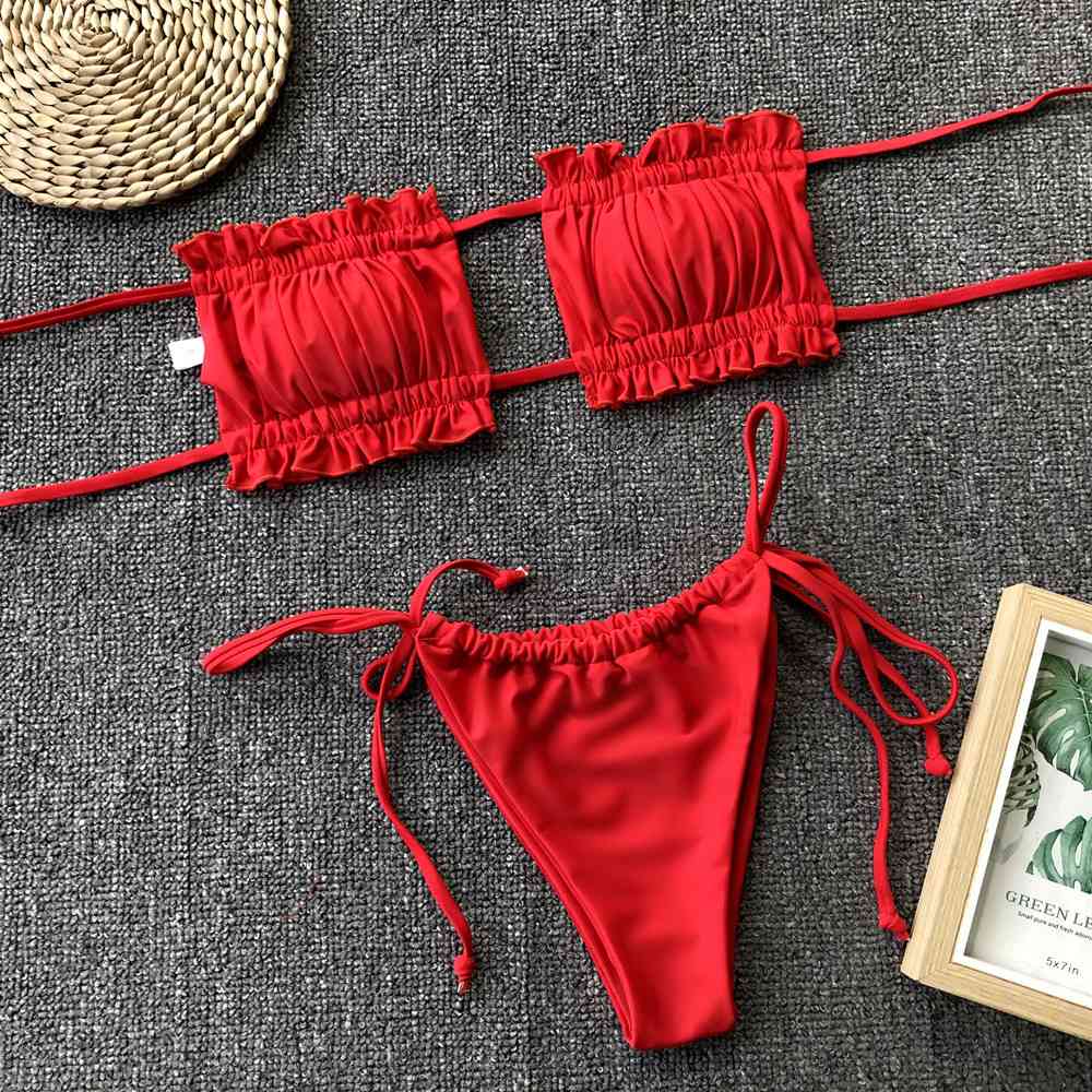 Frill Trim Ruched Bikini Set - Premium   - Just $33.95! Shop now at LACEDUPED