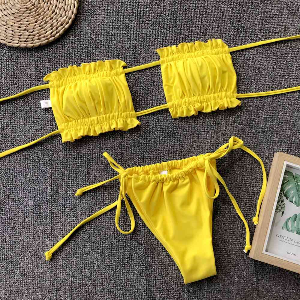 Frill Trim Ruched Bikini Set - Premium   - Just $33.95! Shop now at LACEDUPED