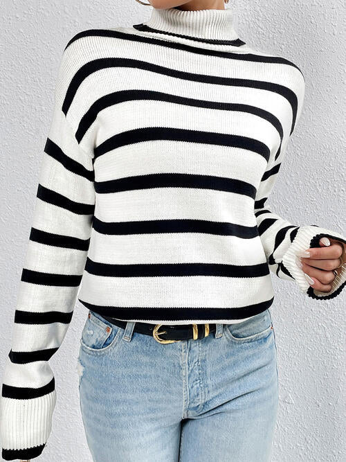 Striped Turtleneck Long Sleeve Sweater - Premium   - Just $58.95! Shop now at LACEDUPED