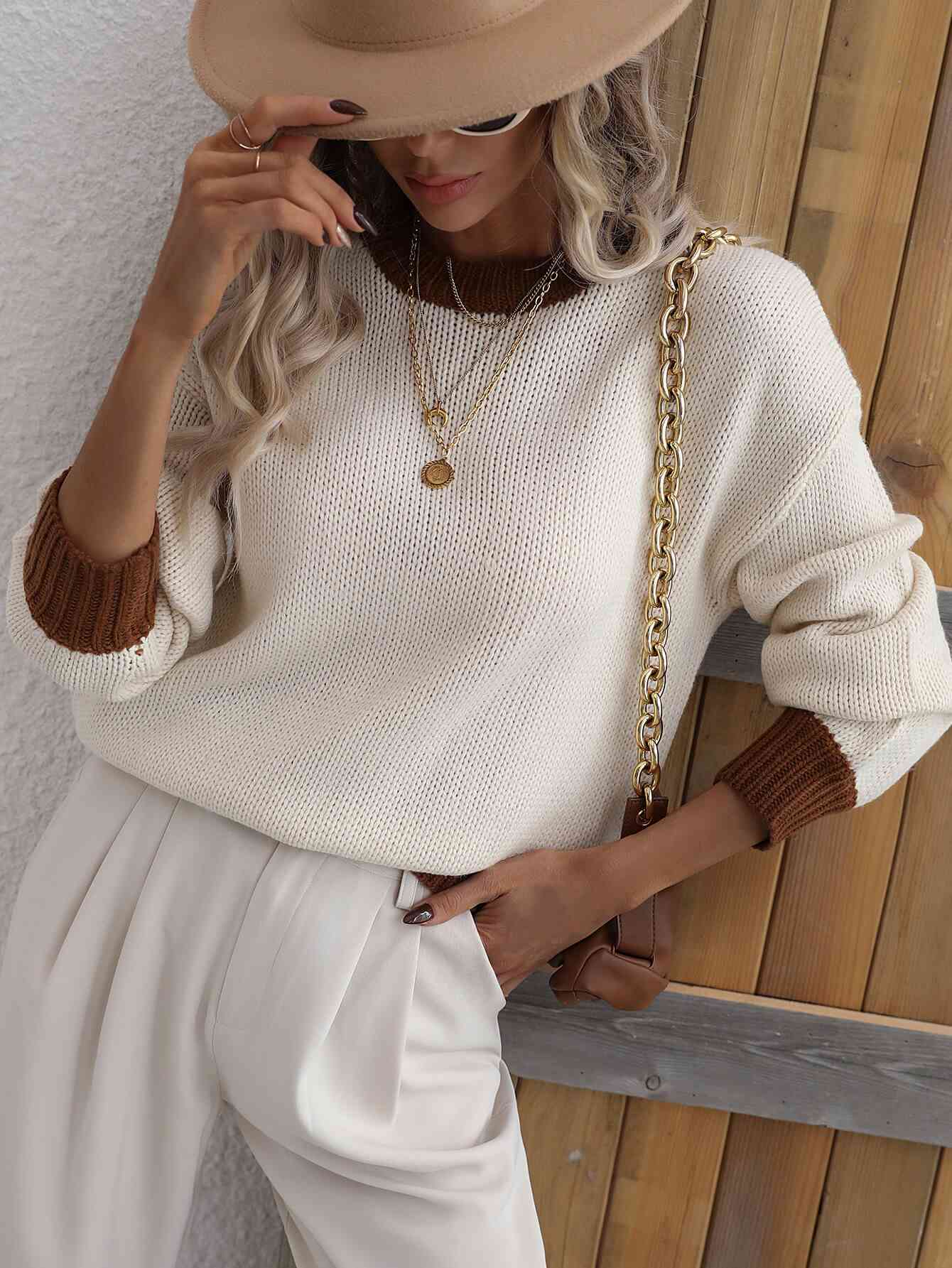 Contrast Trim Drop Shoulder Pullover Sweater - Premium   - Just $59.95! Shop now at LACEDUPED