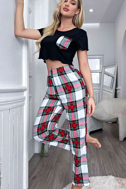 Lettuce Trim Cropped T-Shirt and Plaid Pants Lounge Set - Premium   - Just $40.95! Shop now at LACEDUPED