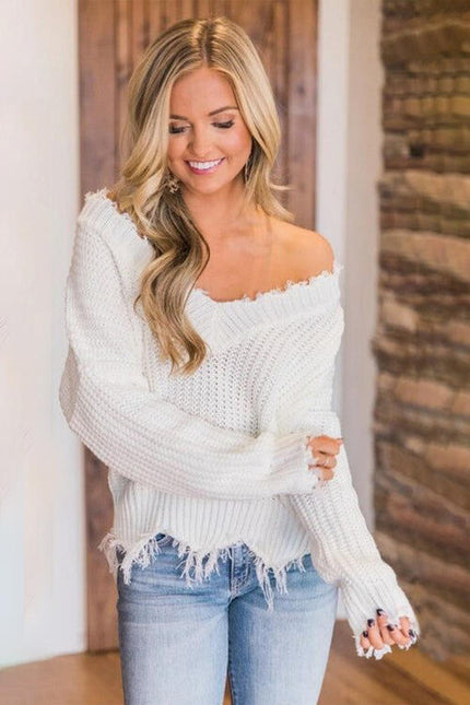 Frayed Hem Dropped Shoulder Sweater - Premium   - Just $43.95! Shop now at LACEDUPED