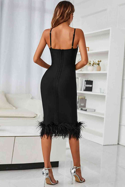 Spaghetti Strap Feather Trim Bodycon Dress - Premium   - Just $157.95! Shop now at LACEDUPED