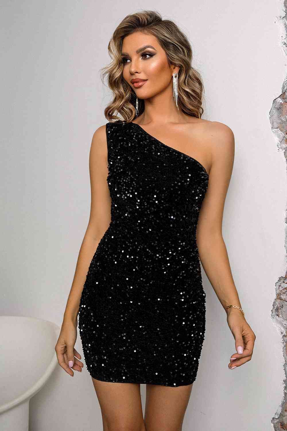 Sequin Lace-Up One-Shoulder Bodycon Dress - Premium   - Just $63.95! Shop now at LACEDUPED