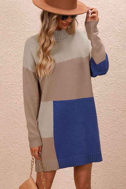 Color Block Mock Neck Dropped Shoulder Sweater Dress - Premium   - Just $48.76! Shop now at LACEDUPED