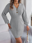 Buttoned Cable-Knit V-Neck Sweater Dress - Premium   - Just $44.76! Shop now at LACEDUPED