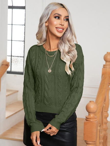 Cable-Knit Round Neck Long Sleeve Sweater - Premium   - Just $42.95! Shop now at LACEDUPED