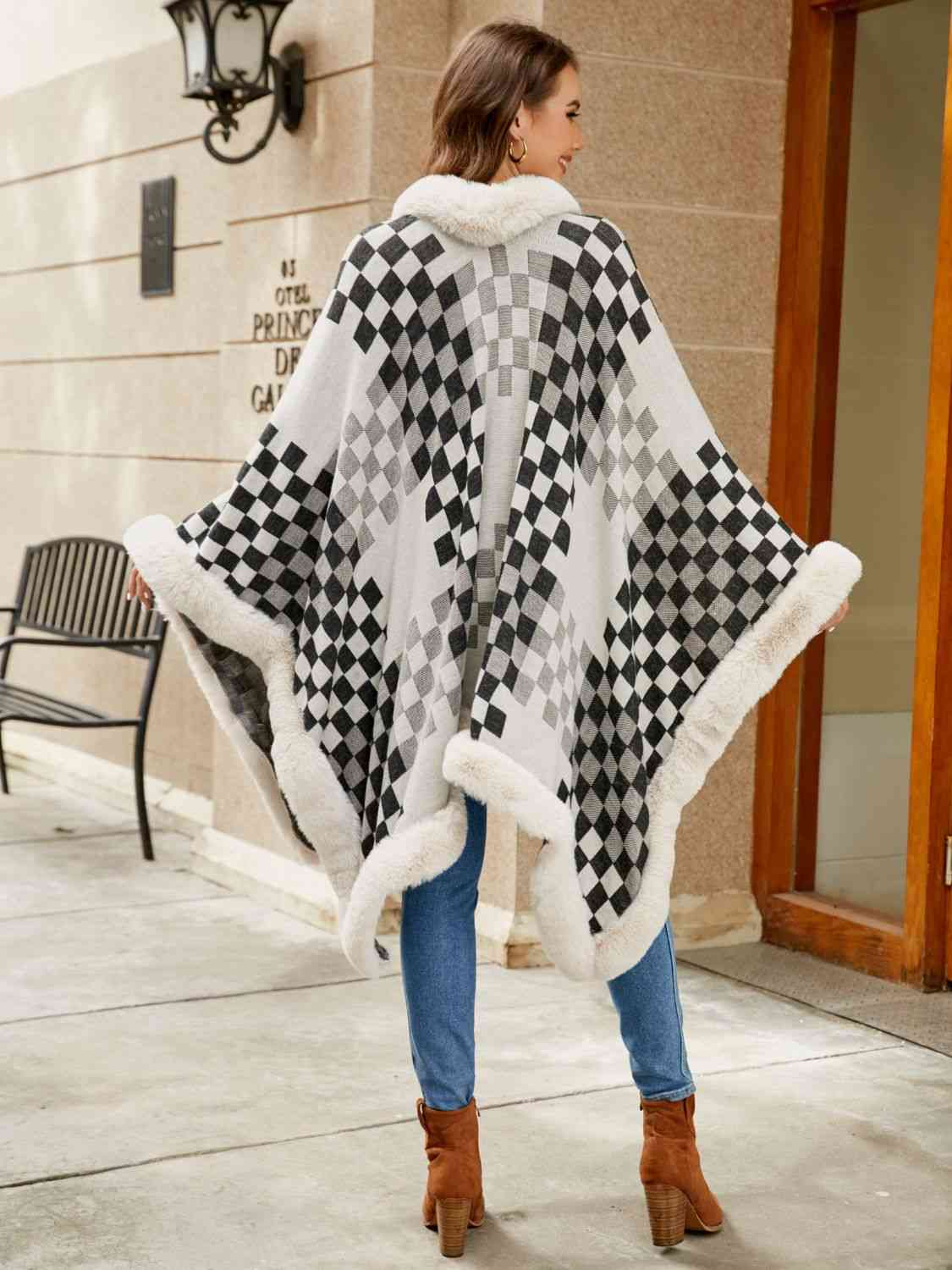 Checkered Faux Fur Trim Poncho - Premium   - Just $69.95! Shop now at LACEDUPED