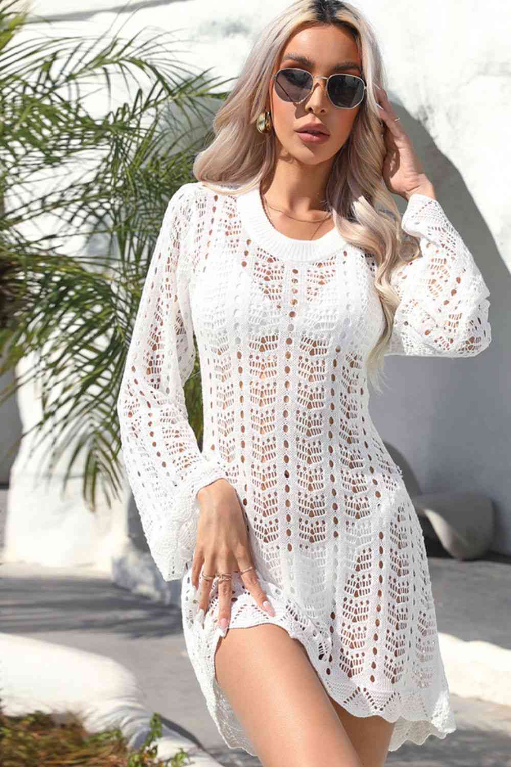 Openwork Scalloped Trim Long Sleeve Cover-Up Dress - Premium   - Just $43.95! Shop now at LACEDUPED