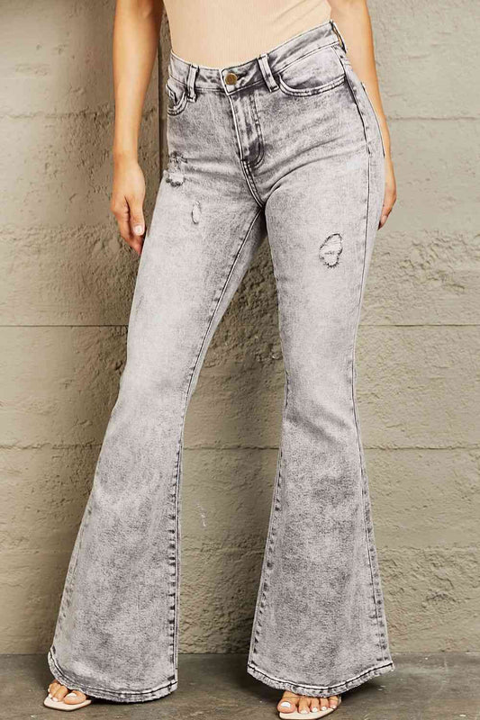 BAYEAS High Waisted Acid Wash Flare Jeans - Premium   - Just $90.95! Shop now at LACEDUPED