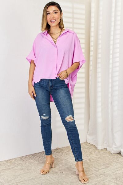 Zenana Texture Button Up Short Sleeve High-Low Shirt - Premium   - Just $39.95! Shop now at LACEDUPED