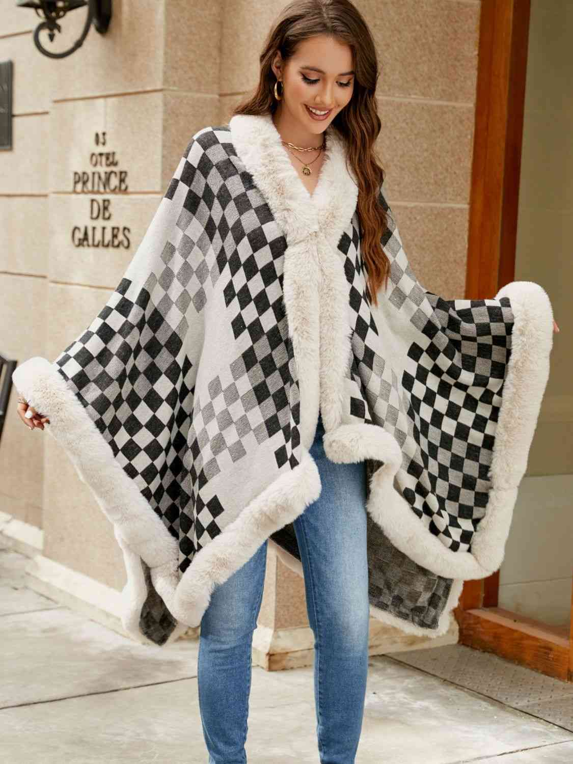 Checkered Faux Fur Trim Poncho - Premium   - Just $69.95! Shop now at LACEDUPED